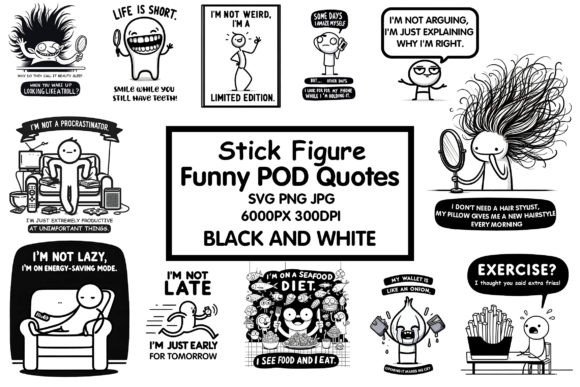 12 Funny Stick Figure Quotes Bundle Graphics