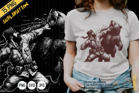 Funny Man Punching Bear Hunting Camping Graphics for T-Shirt Designs