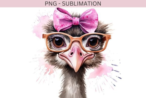 Funny Ostrich PNG with Pink Bow Glasses - Graphics for Crafting